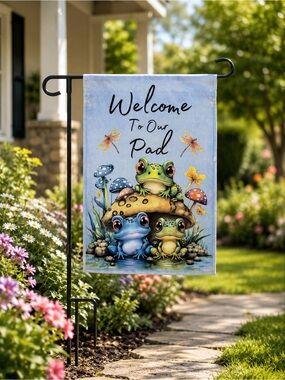 Welcome To Our Pad Garden Flag – Double-Sided Frog Spring Garden Decor